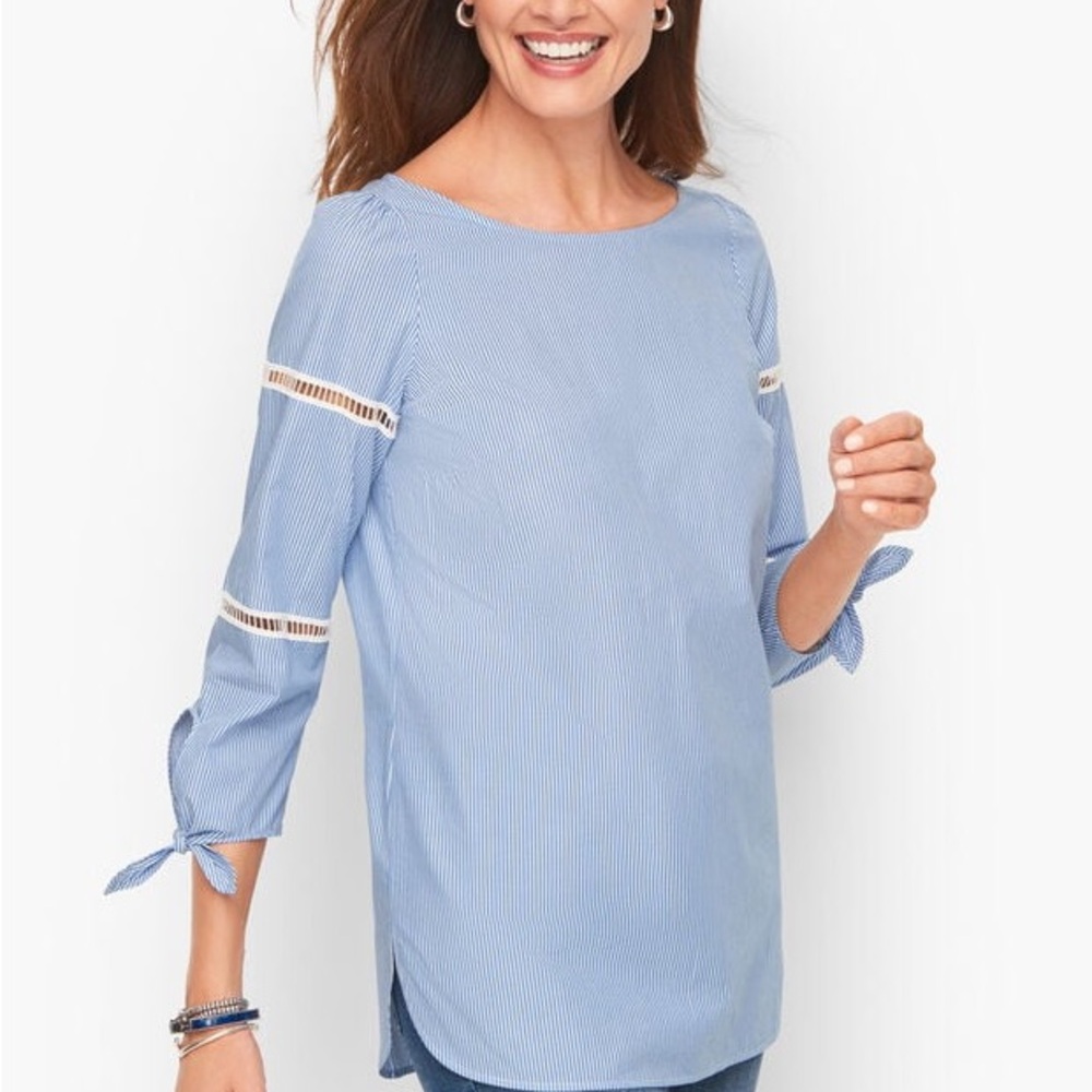 Talbots 100% Cotton Poplin Blouse Top Stripe Light Blue Tie Detail  ~ Size XL